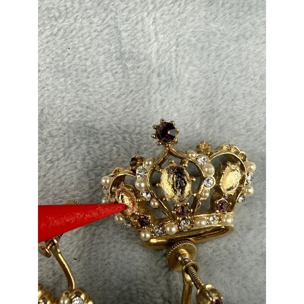 Vintage Crown Brooch Screw Back Earrings Set Rhinestone Pink‎